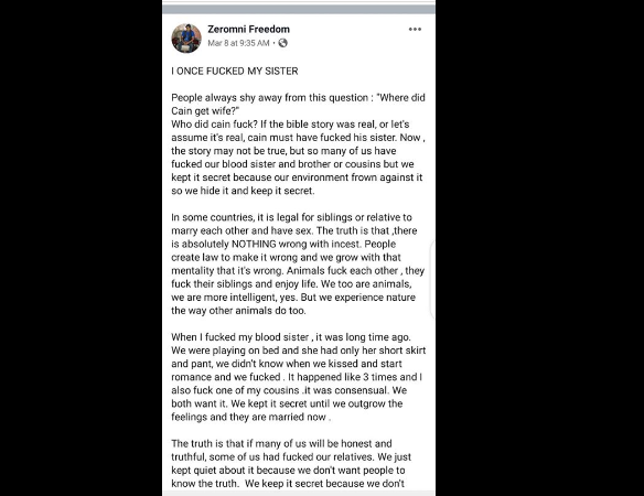 Zeromni Freedom: "I Slept With My Sister Three Times & There's Nothing Wrong With It".