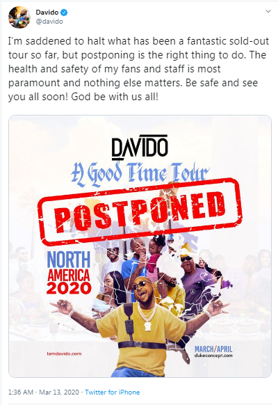 Coronavirus: Davido Cancels Tour, Tacha Says Coronavirus Can Wait!!